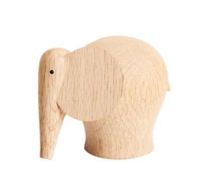 Kleiner, heller Holzelefant "Nunu elephant" von Woud, ein dekoratives Holzspielzeug für Kinder.